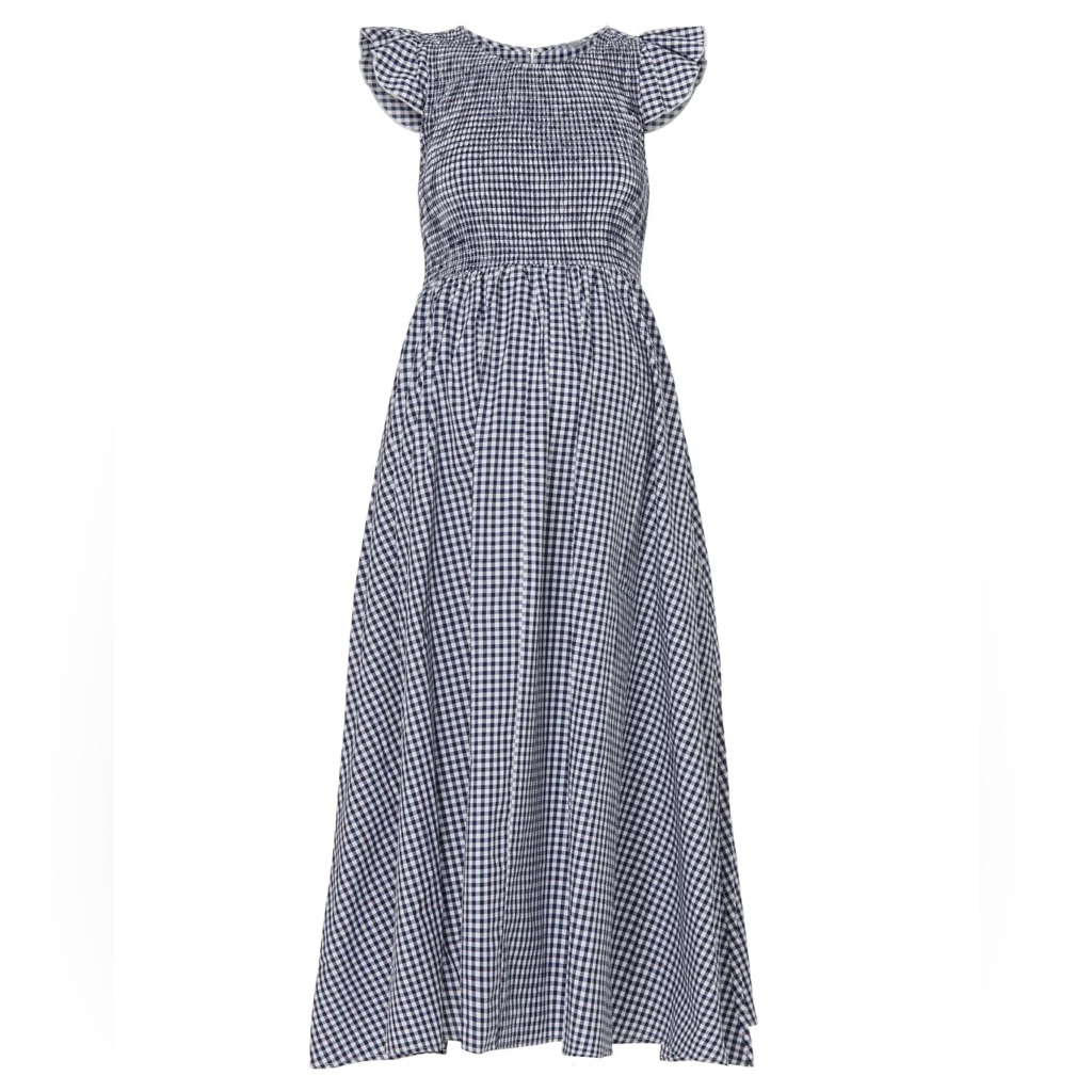 Gingham Maxi Dress With Flutter Sleeves - Navy/White